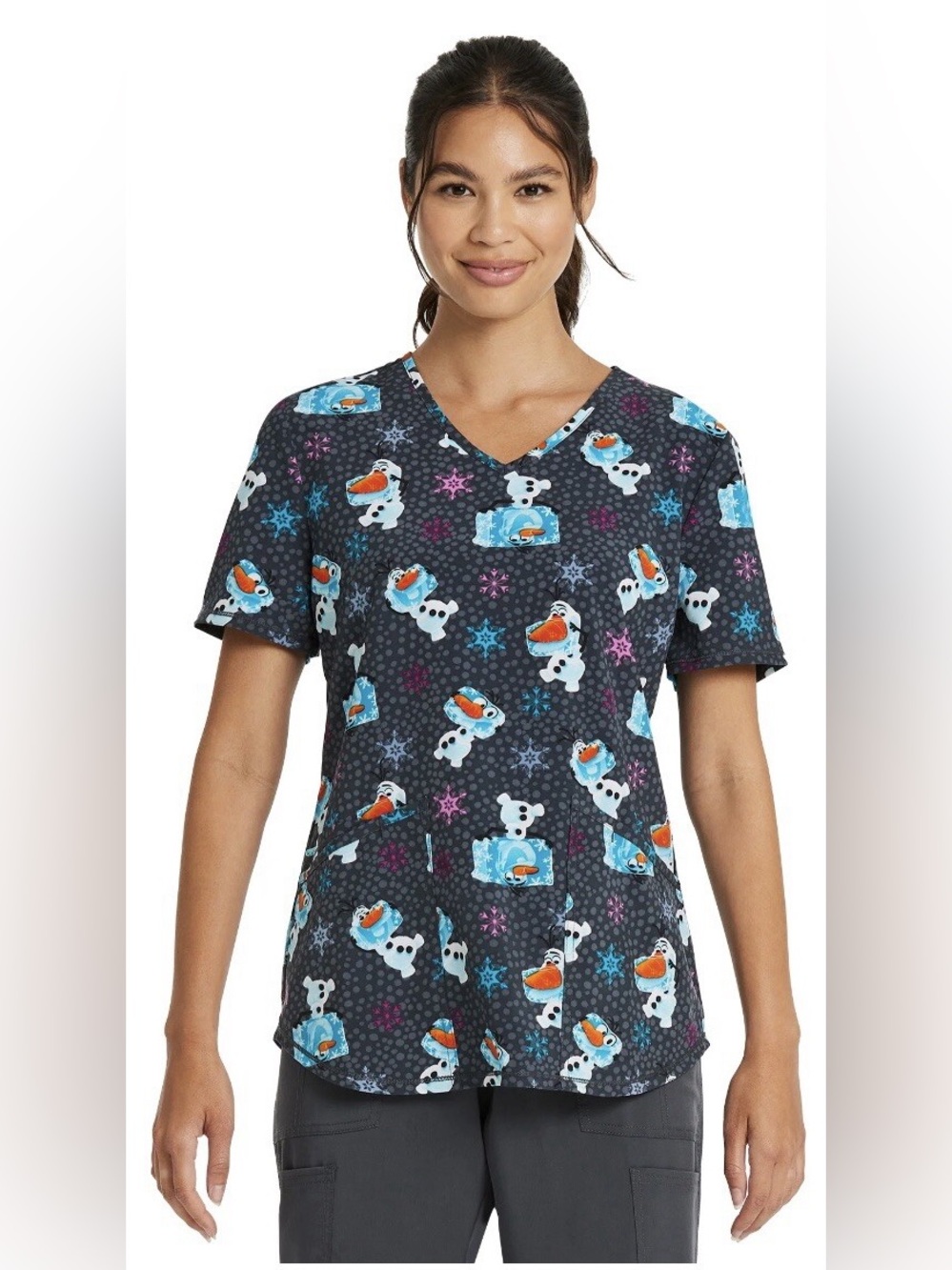 Disney Frozen Olaf Scrub Top 2XL Gray Blue Snowflake Print Stretch Healthcare